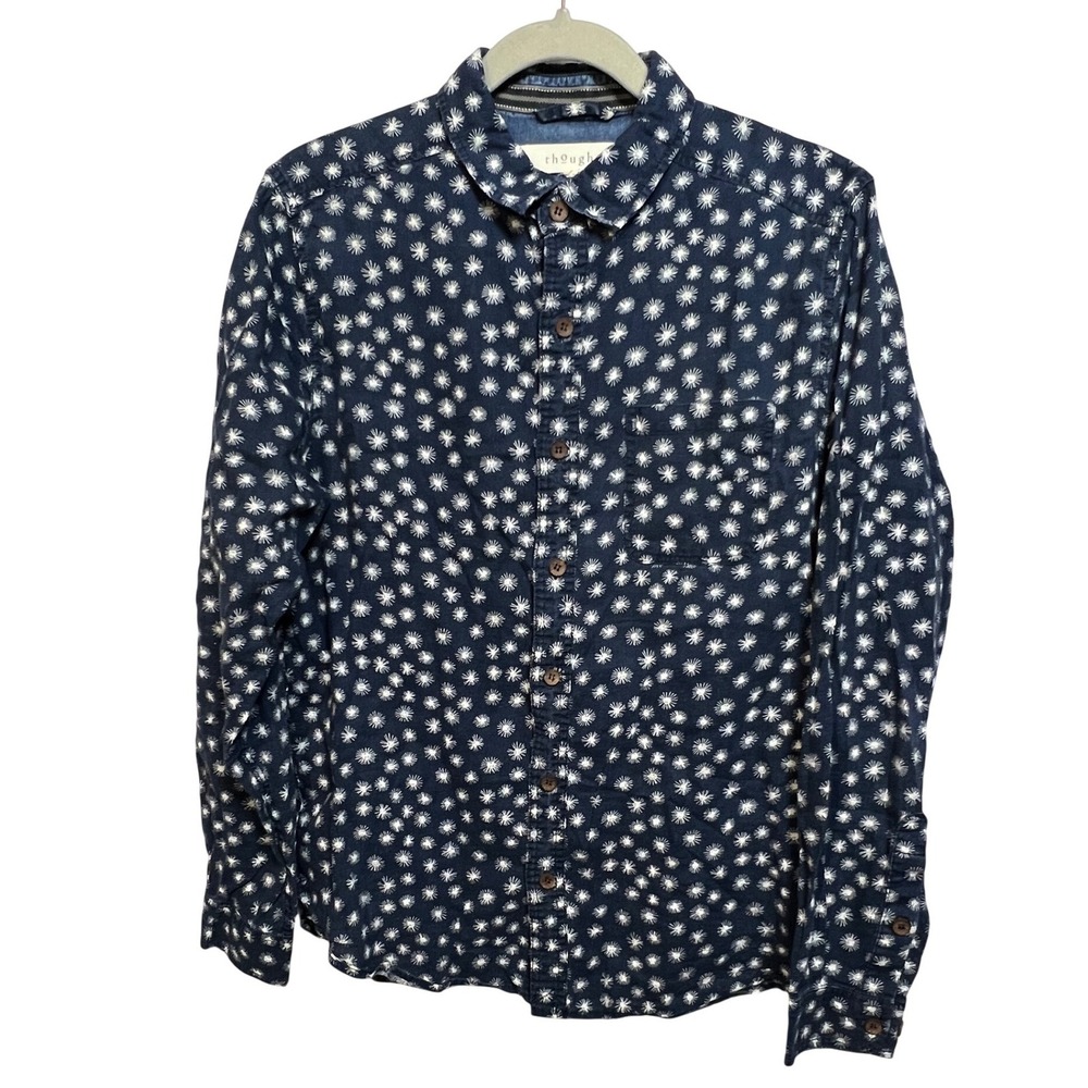 Thought Mens Navy Blue Hemp Organic‎ Cotton Sunburst Print Long Sleeve Shirt S